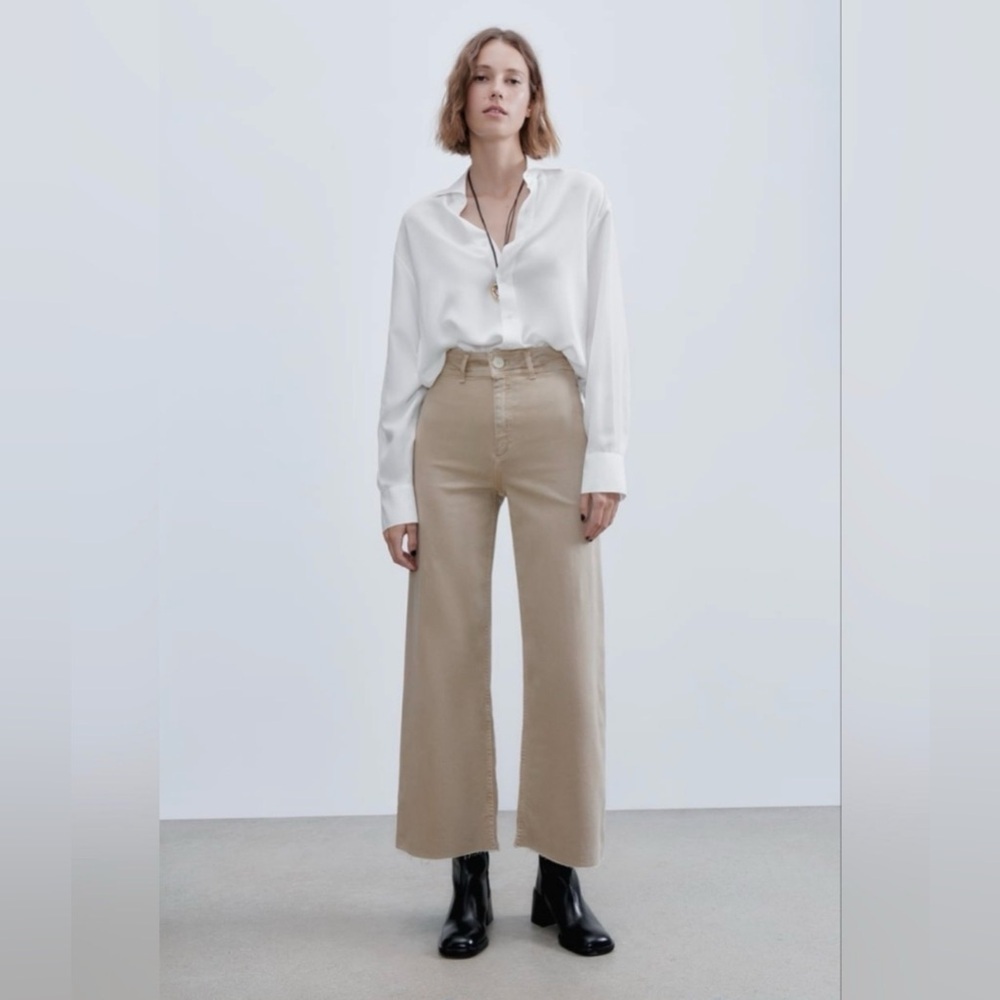 Zara The Marine Straight Leg High Waist Khaki Denim Jeans Size 0 Minimalist
